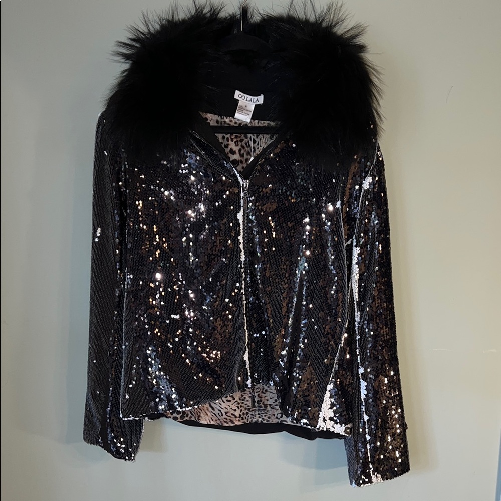 Black Sequin Jacket with Faux Fur Collar Sz XL NWT